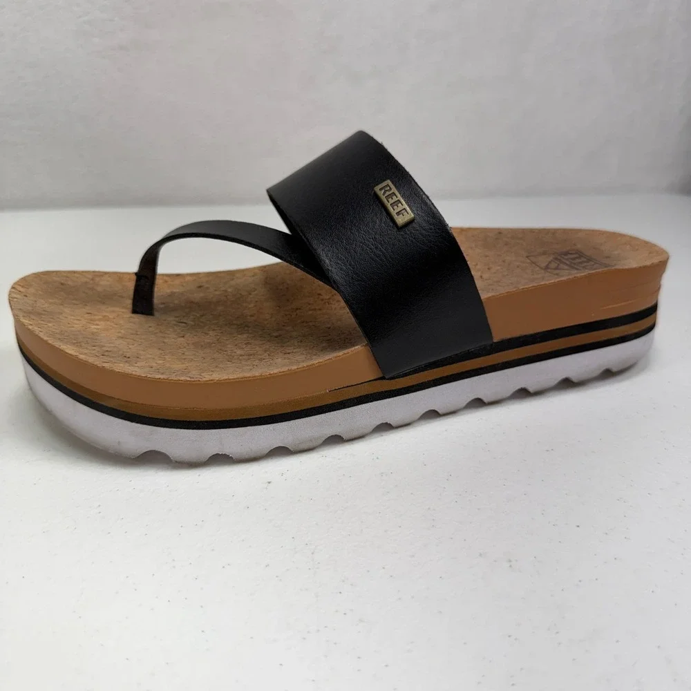 Reef 8 Cushion Sol Hi Black Cork Platform Thong Sandal Beach Casual Flatform